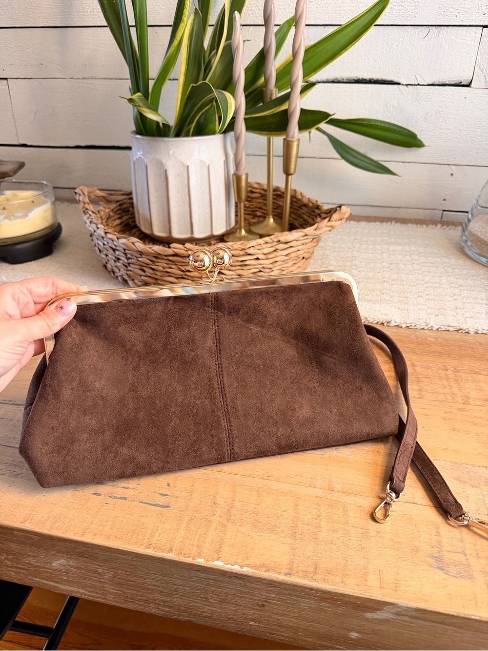 a new day Brown Suede Frame Clutch with Gold Hardware